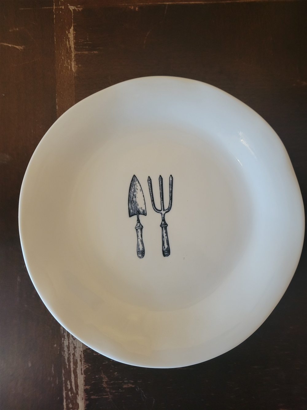 Twine White Ceramic 8 Inch Plate with Blue Garden Tool Motif
